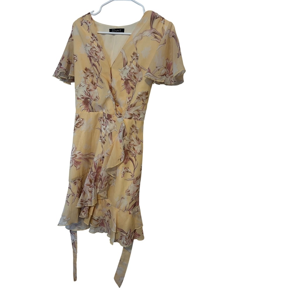 Simplee Yellow Floral Wrap Dress Ruffle High-Low Flutter Sleeve Size M